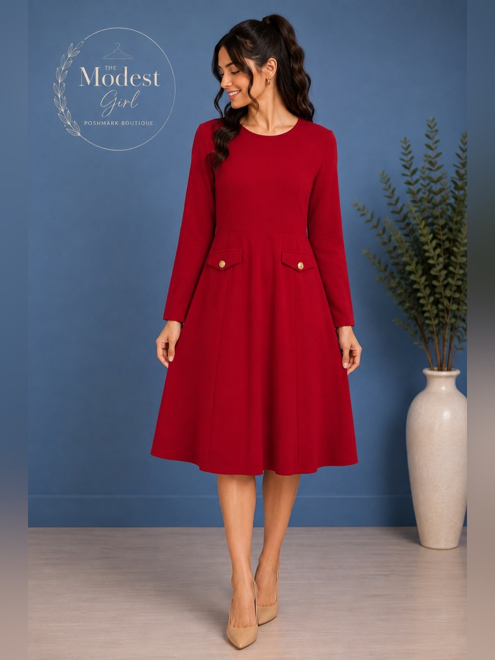 Red Long-Sleeve A-Line Midi Dress